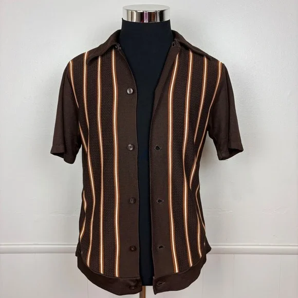 MarVista Sportswear Mens VTG Button Up Polo Shirt Sz S Short Sleeve Brown Stripe - Picture 14 of 17